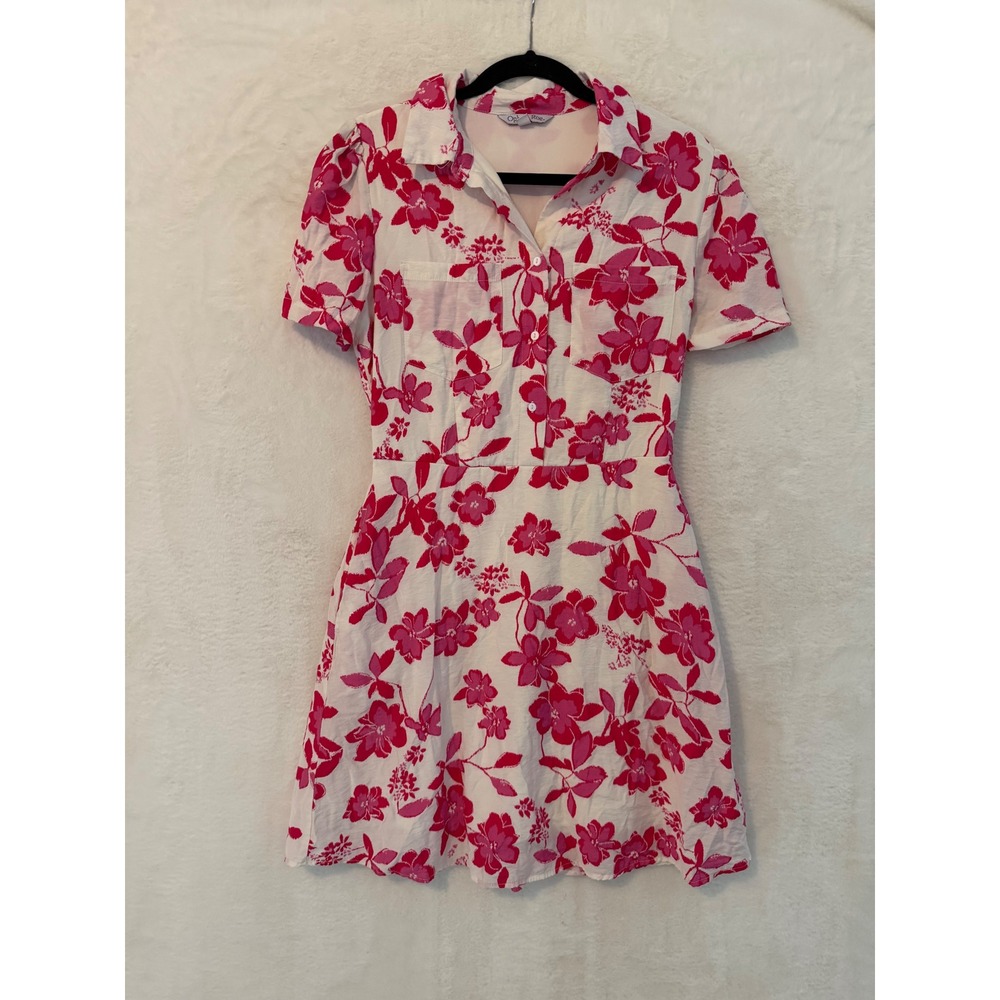 Ophelia Roe Pink Floral Shirt Dress Womens Medium Button Front Short Sleeve